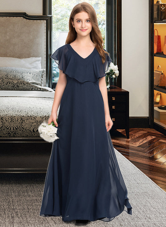 Elizabeth A-Line V-neck Floor-Length Chiffon Junior Bridesmaid Dress SRSP0013611