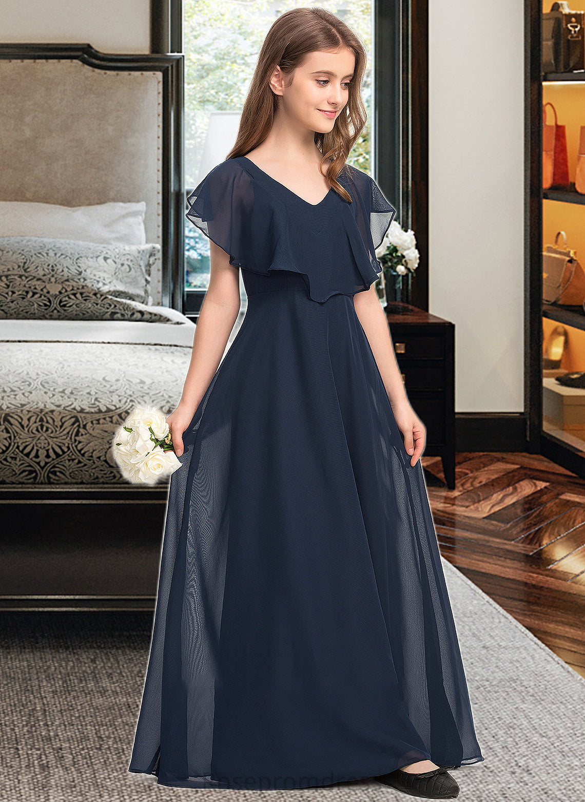 Elizabeth A-Line V-neck Floor-Length Chiffon Junior Bridesmaid Dress SRSP0013611