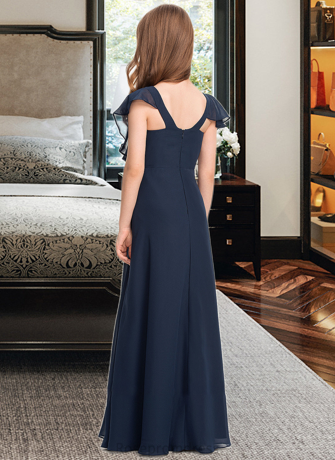 Elizabeth A-Line V-neck Floor-Length Chiffon Junior Bridesmaid Dress SRSP0013611