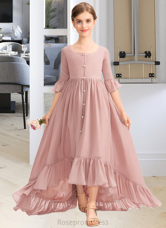Kaila A-Line Scoop Neck Asymmetrical Chiffon Junior Bridesmaid Dress With Bow(s) Cascading Ruffles SRSP0013612