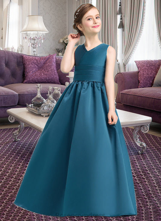 Whitney Ball-Gown/Princess V-neck Floor-Length Satin Junior Bridesmaid Dress With Ruffle SRSP0013613