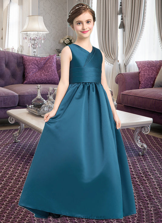 Whitney Ball-Gown/Princess V-neck Floor-Length Satin Junior Bridesmaid Dress With Ruffle SRSP0013613