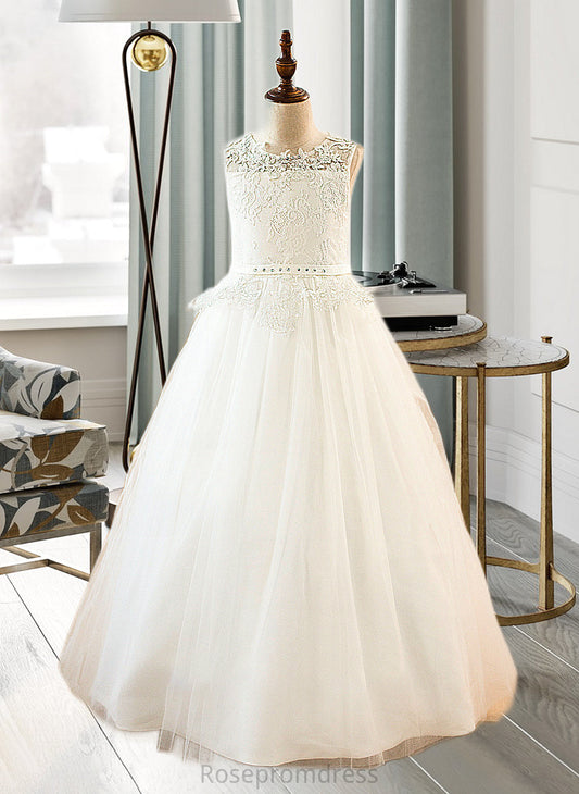 Elyse Ball-Gown/PrincessScoopNeckFloor-LengthTulleJuniorBridesmaidDressWithSashBeading#136423 SRSP0013615