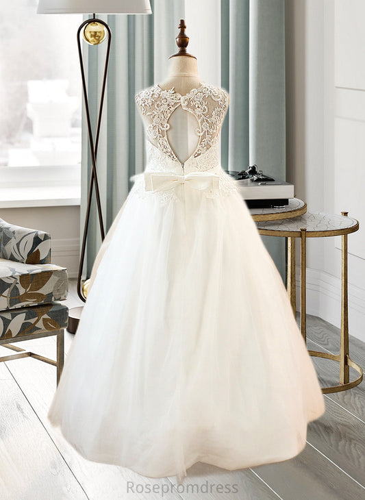 Elyse Ball-Gown/PrincessScoopNeckFloor-LengthTulleJuniorBridesmaidDressWithSashBeading#136423 SRSP0013615