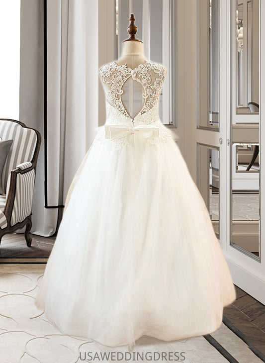 Alisa Ball-Gown/PrincessScoopNeckFloor-LengthTulleJuniorBridesmaidDressWithSashBeading#136423 DSP0013615