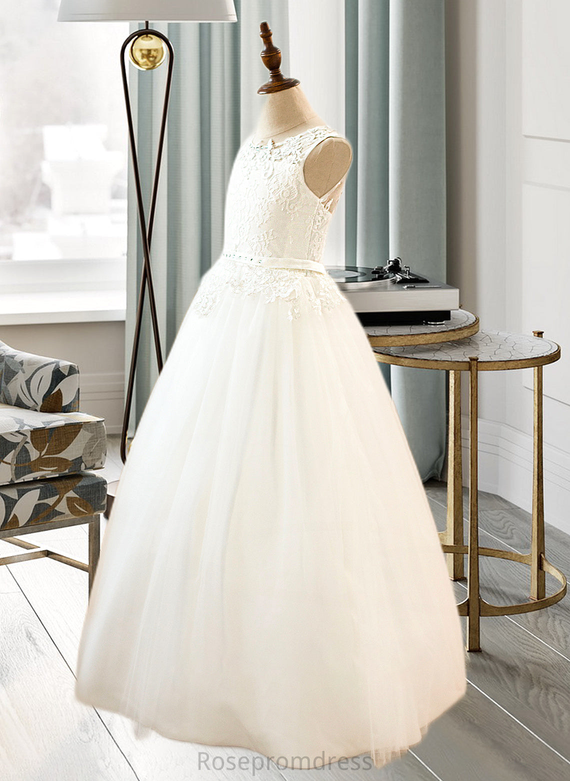 Elyse Ball-Gown/PrincessScoopNeckFloor-LengthTulleJuniorBridesmaidDressWithSashBeading#136423 SRSP0013615