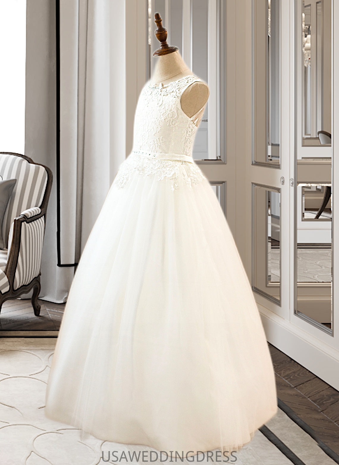 Alisa Ball-Gown/PrincessScoopNeckFloor-LengthTulleJuniorBridesmaidDressWithSashBeading#136423 DSP0013615