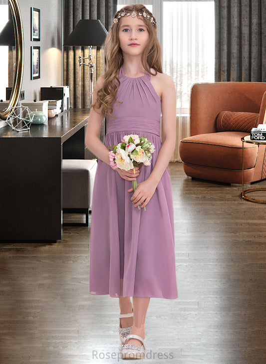 Adrienne A-Line Halter Tea-Length Chiffon Junior Bridesmaid Dress With Ruffle SRSP0013616