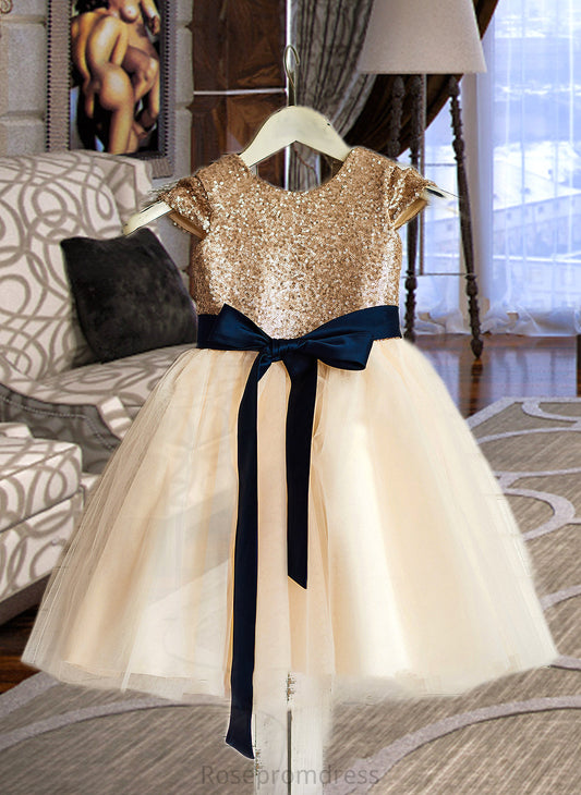 Aspen A-Line Scoop Neck Knee-Length Tulle Junior Bridesmaid Dress With Sash SRSP0013617
