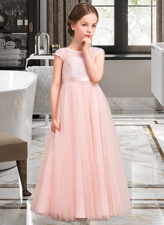 Melissa A-Line Scoop Neck Floor-Length Tulle Lace Junior Bridesmaid Dress With Bow(s) SRSP0013619