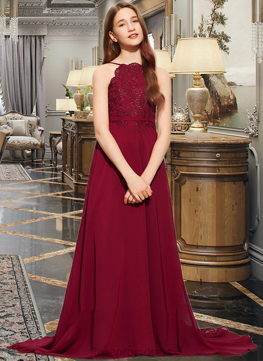 Izabelle A-Line Scoop Neck Sweep Train Chiffon Lace Junior Bridesmaid Dress SRSP0013620