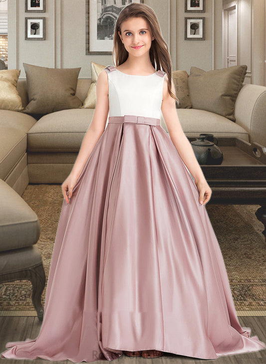 Kaiya Ball-Gown/Princess Scoop Neck Sweep Train Satin Junior Bridesmaid Dress With Bow(s) Pockets SRSP0013626