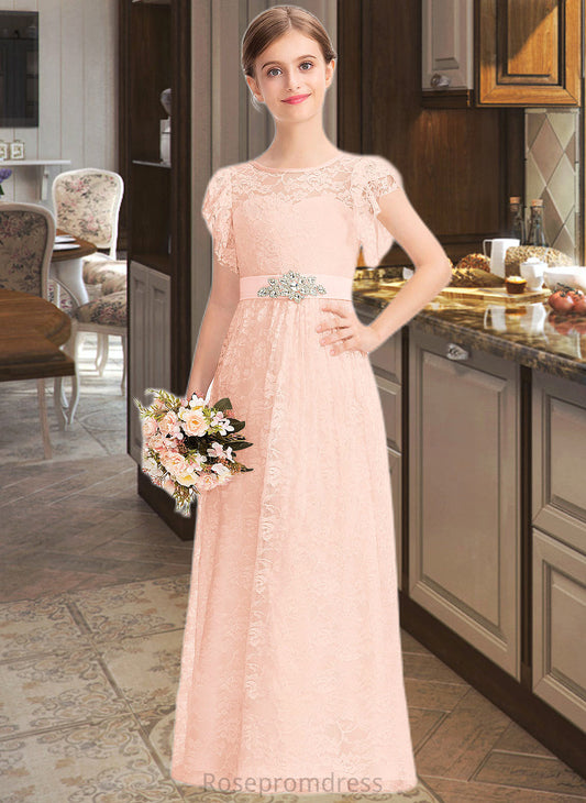 Jaelynn A-Line Scoop Neck Floor-Length Lace Junior Bridesmaid Dress With Beading Bow(s) Cascading Ruffles SRSP0013627