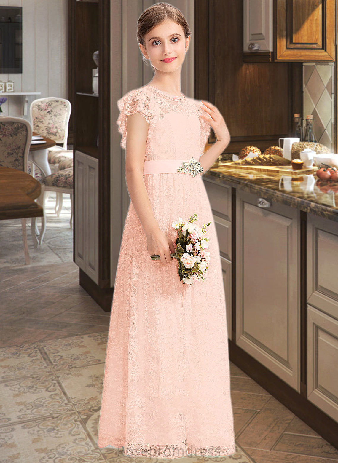 Jaelynn A-Line Scoop Neck Floor-Length Lace Junior Bridesmaid Dress With Beading Bow(s) Cascading Ruffles SRSP0013627