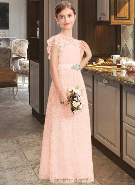 Jaelynn A-Line Scoop Neck Floor-Length Lace Junior Bridesmaid Dress With Beading Bow(s) Cascading Ruffles SRSP0013627