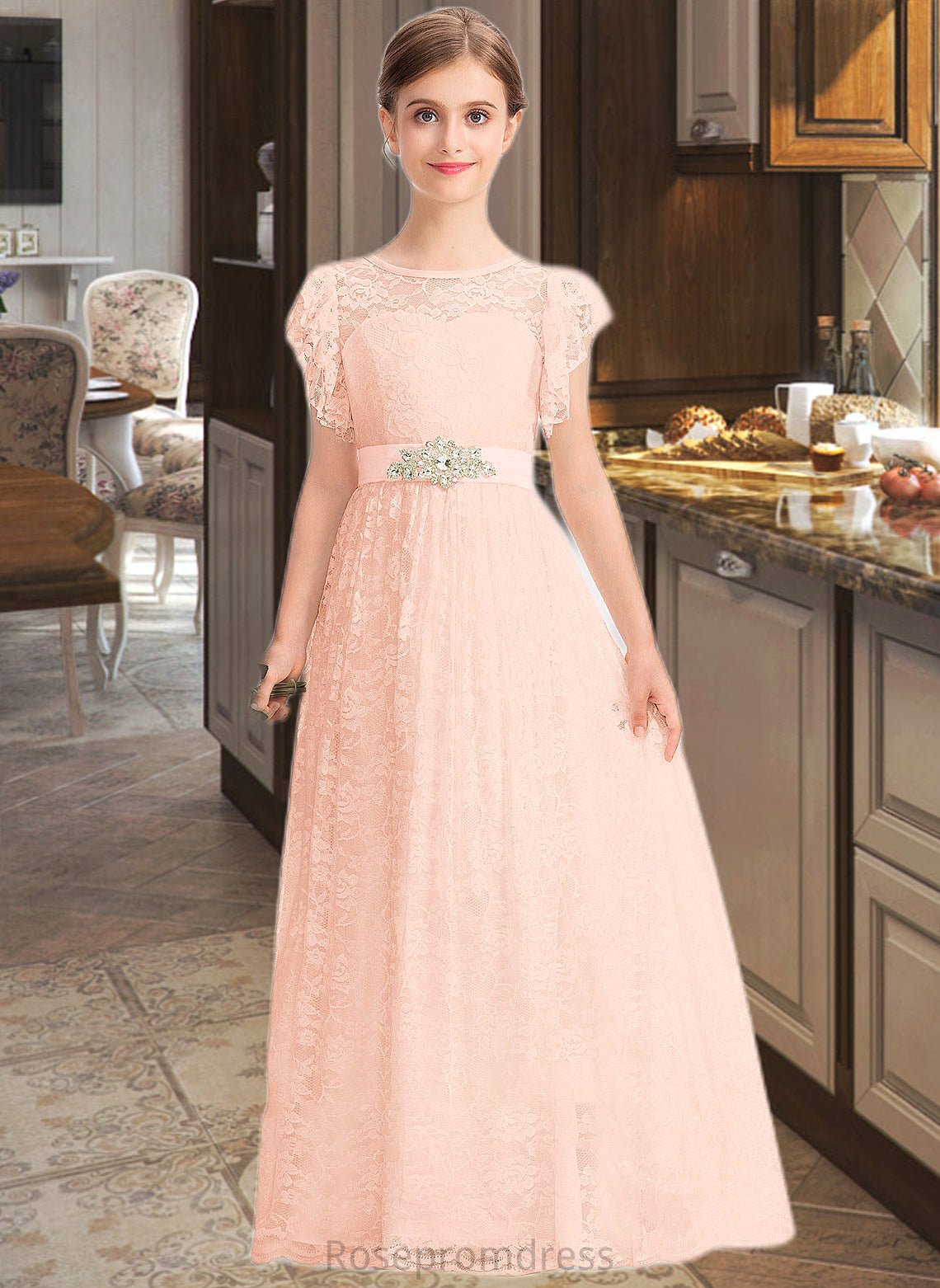 Jaelynn A-Line Scoop Neck Floor-Length Lace Junior Bridesmaid Dress With Beading Bow(s) Cascading Ruffles SRSP0013627