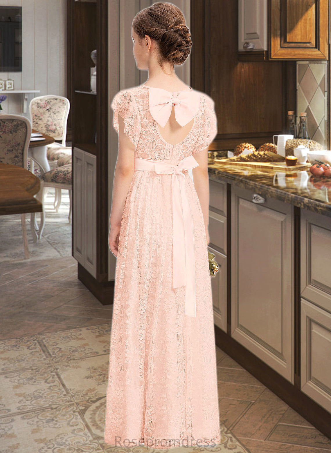 Jaelynn A-Line Scoop Neck Floor-Length Lace Junior Bridesmaid Dress With Beading Bow(s) Cascading Ruffles SRSP0013627