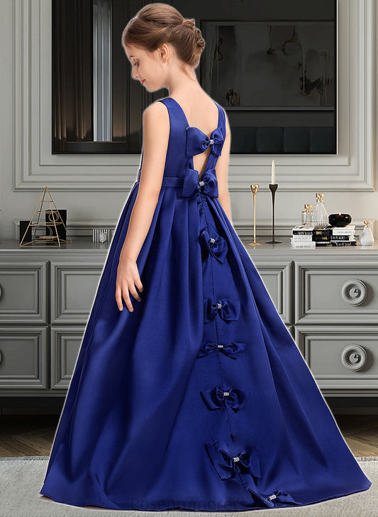 Abbie Ball-Gown/Princess Scoop Neck Sweep Train Satin Junior Bridesmaid Dress With Bow(s) SRSP0013628