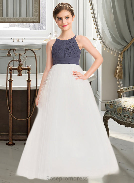 Michaelia A-Line Scoop Neck Floor-Length Chiffon Tulle Junior Bridesmaid Dress With Ruffle SRSP0013629