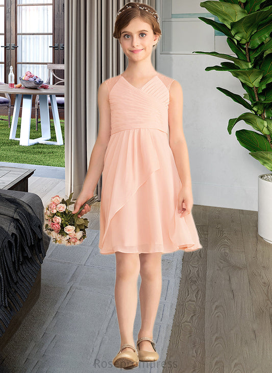 Avah A-Line V-neck Knee-Length Chiffon Lace Junior Bridesmaid Dress With Cascading Ruffles SRSP0013630