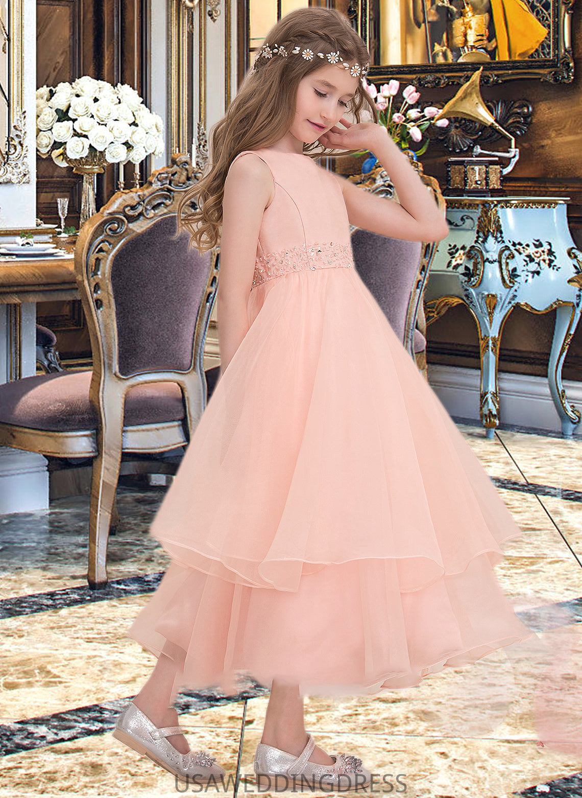 Joyce A-Line Scoop Neck Ankle-Length Organza Junior Bridesmaid Dress With Beading Sequins DSP0013633