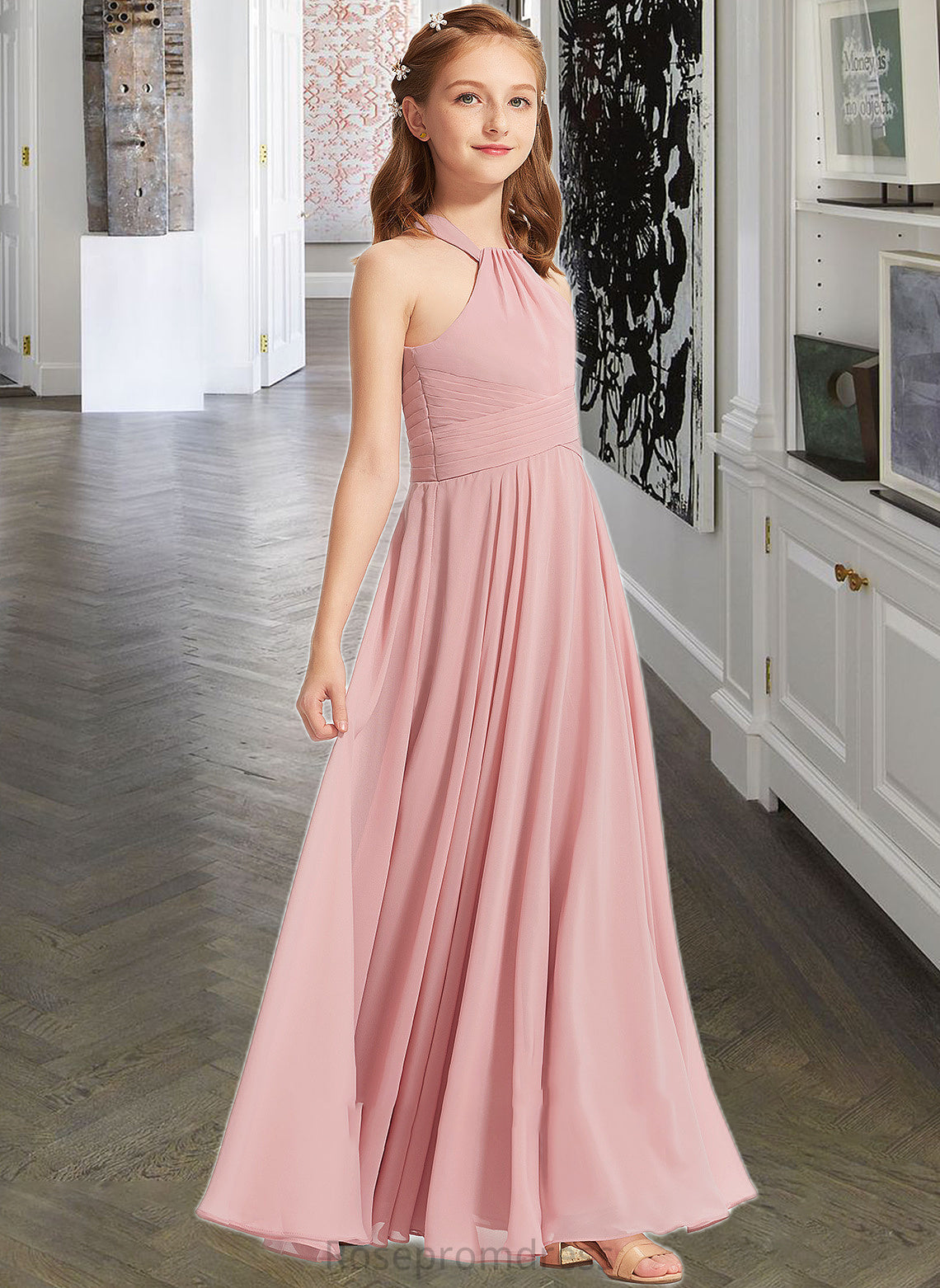 Vivienne A-Line Square Neckline Floor-Length Chiffon Junior Bridesmaid Dress With Ruffle SRSP0013651