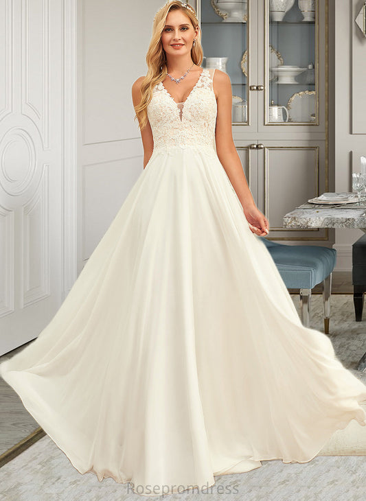 Kenzie A-Line V-neck Sweep Train Chiffon Lace Wedding Dress With Lace SRSP0013677