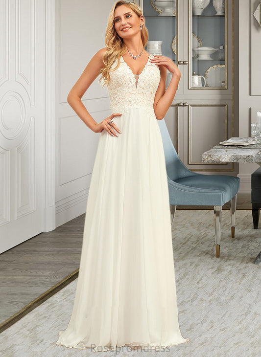 Kenzie A-Line V-neck Sweep Train Chiffon Lace Wedding Dress With Lace SRSP0013677
