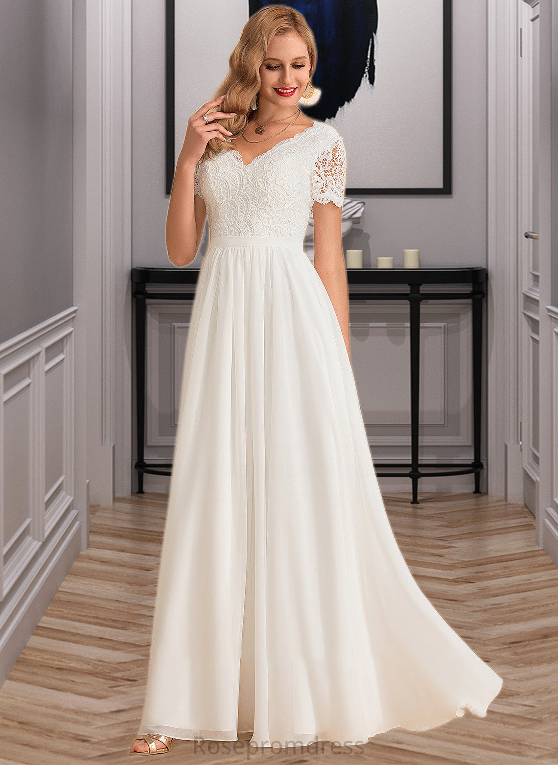 Philippa A-Line V-neck Floor-Length Chiffon Lace Wedding Dress SRSP0013678