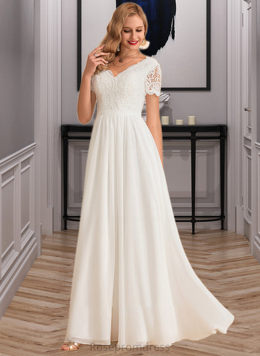 Philippa A-Line V-neck Floor-Length Chiffon Lace Wedding Dress SRSP0013678