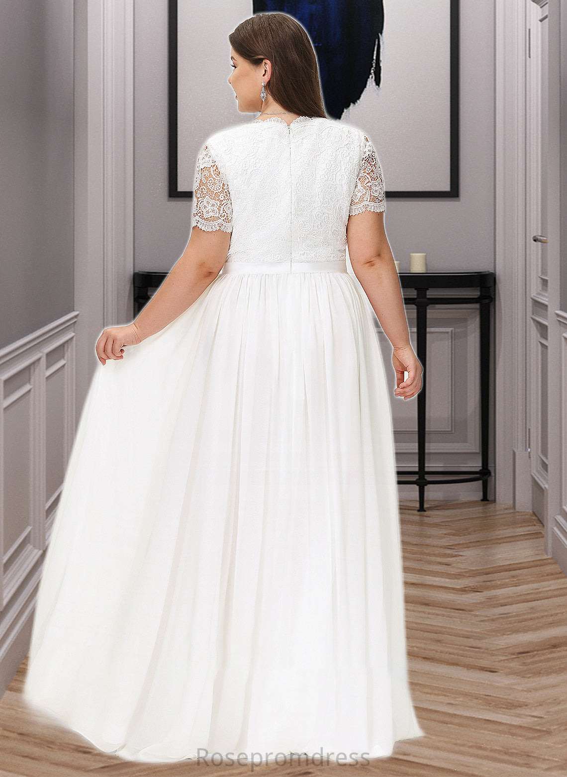 Philippa A-Line V-neck Floor-Length Chiffon Lace Wedding Dress SRSP0013678