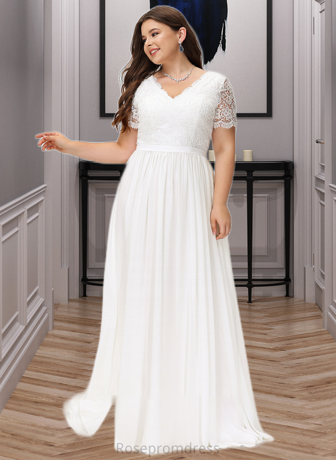Philippa A-Line V-neck Floor-Length Chiffon Lace Wedding Dress SRSP0013678