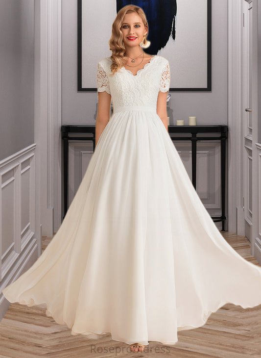 Philippa A-Line V-neck Floor-Length Chiffon Lace Wedding Dress SRSP0013678