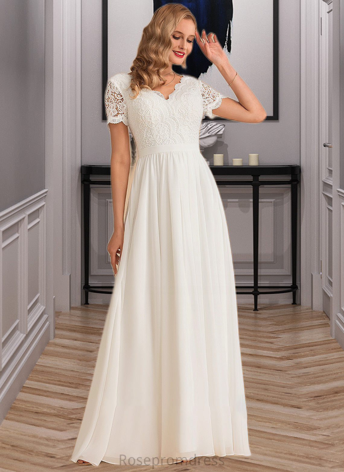 Philippa A-Line V-neck Floor-Length Chiffon Lace Wedding Dress SRSP0013678