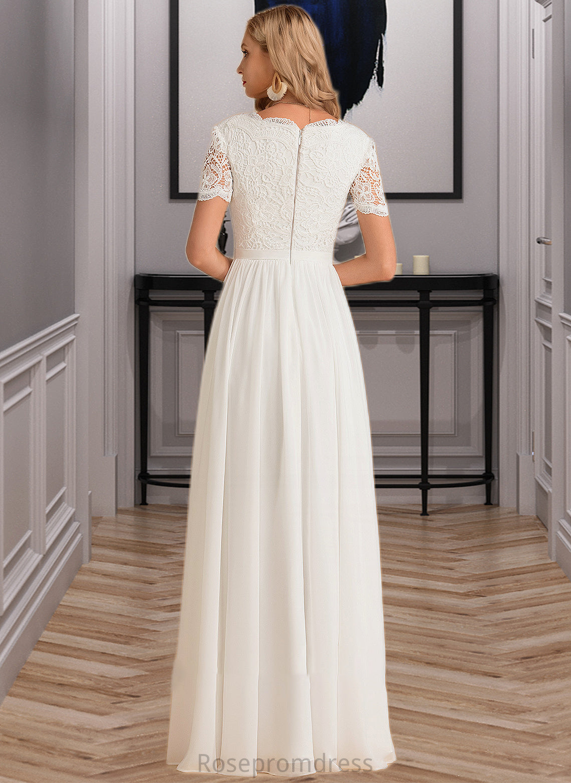 Philippa A-Line V-neck Floor-Length Chiffon Lace Wedding Dress SRSP0013678