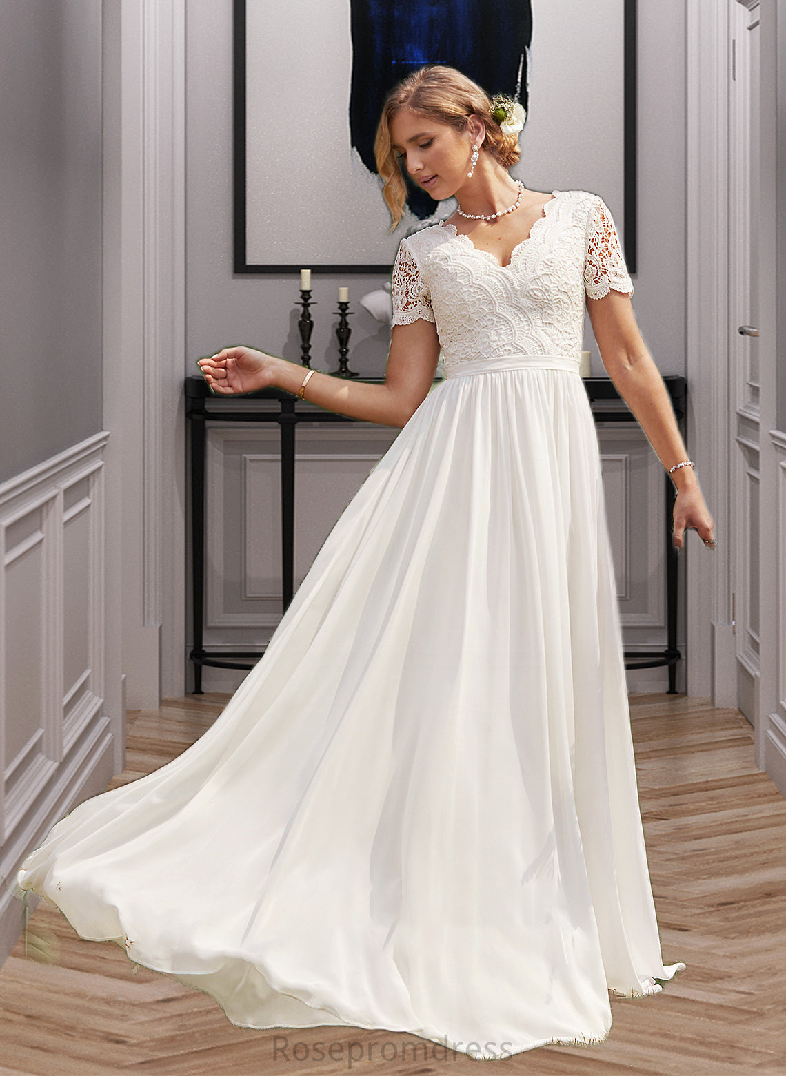 Philippa A-Line V-neck Floor-Length Chiffon Lace Wedding Dress SRSP0013678