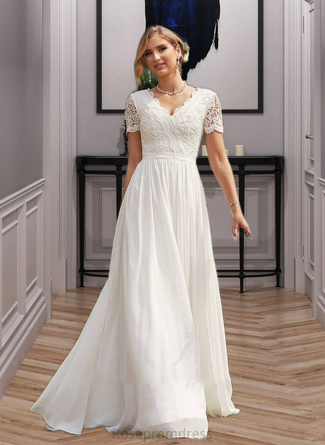 Philippa A-Line V-neck Floor-Length Chiffon Lace Wedding Dress SRSP0013678