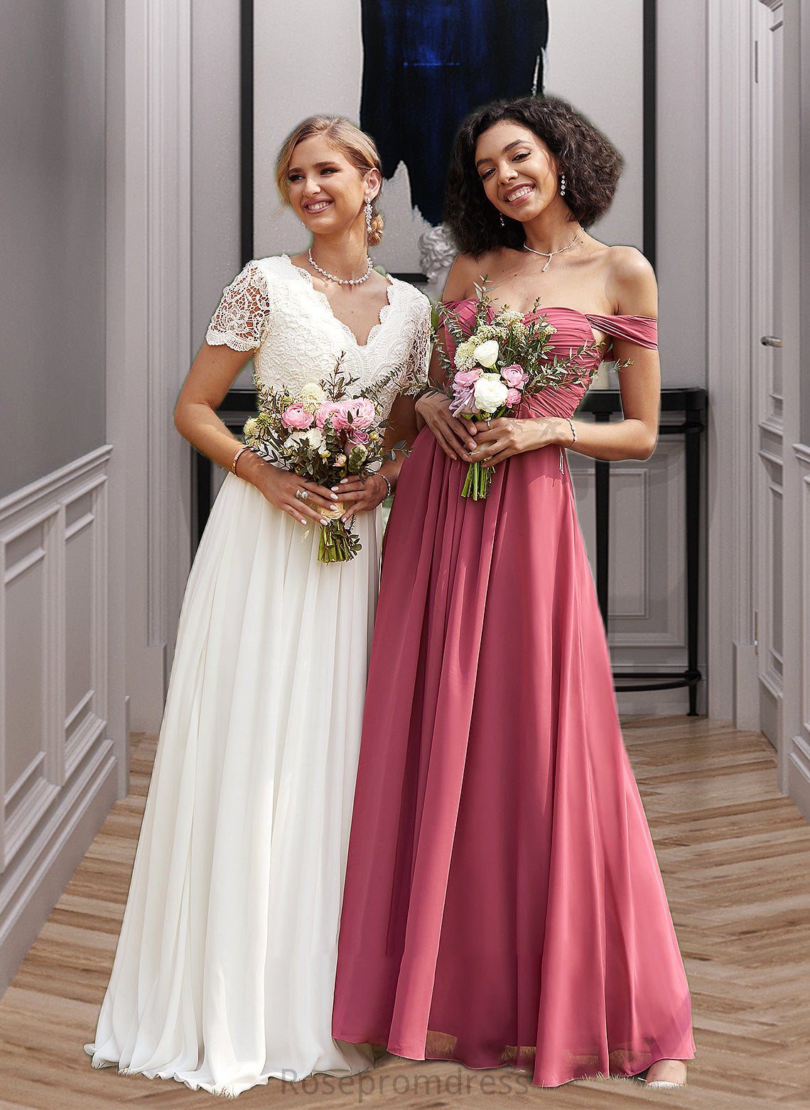 Philippa A-Line V-neck Floor-Length Chiffon Lace Wedding Dress SRSP0013678
