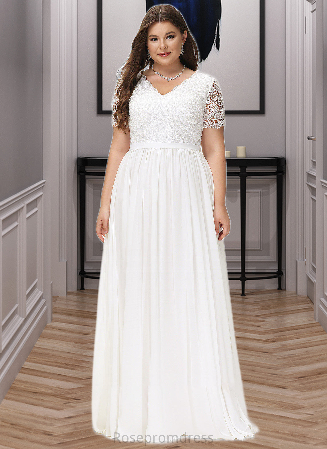 Philippa A-Line V-neck Floor-Length Chiffon Lace Wedding Dress SRSP0013678
