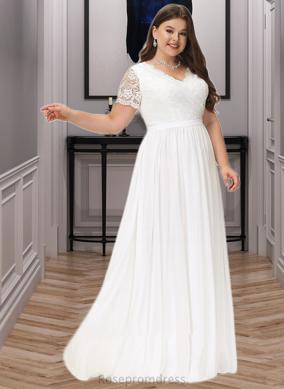 Philippa A-Line V-neck Floor-Length Chiffon Lace Wedding Dress SRSP0013678