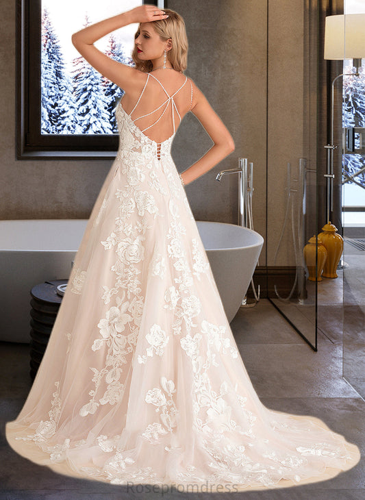 Mylee Ball-Gown/Princess V-neck Court Train Tulle Lace Wedding Dress With Beading Pockets SRSP0013679