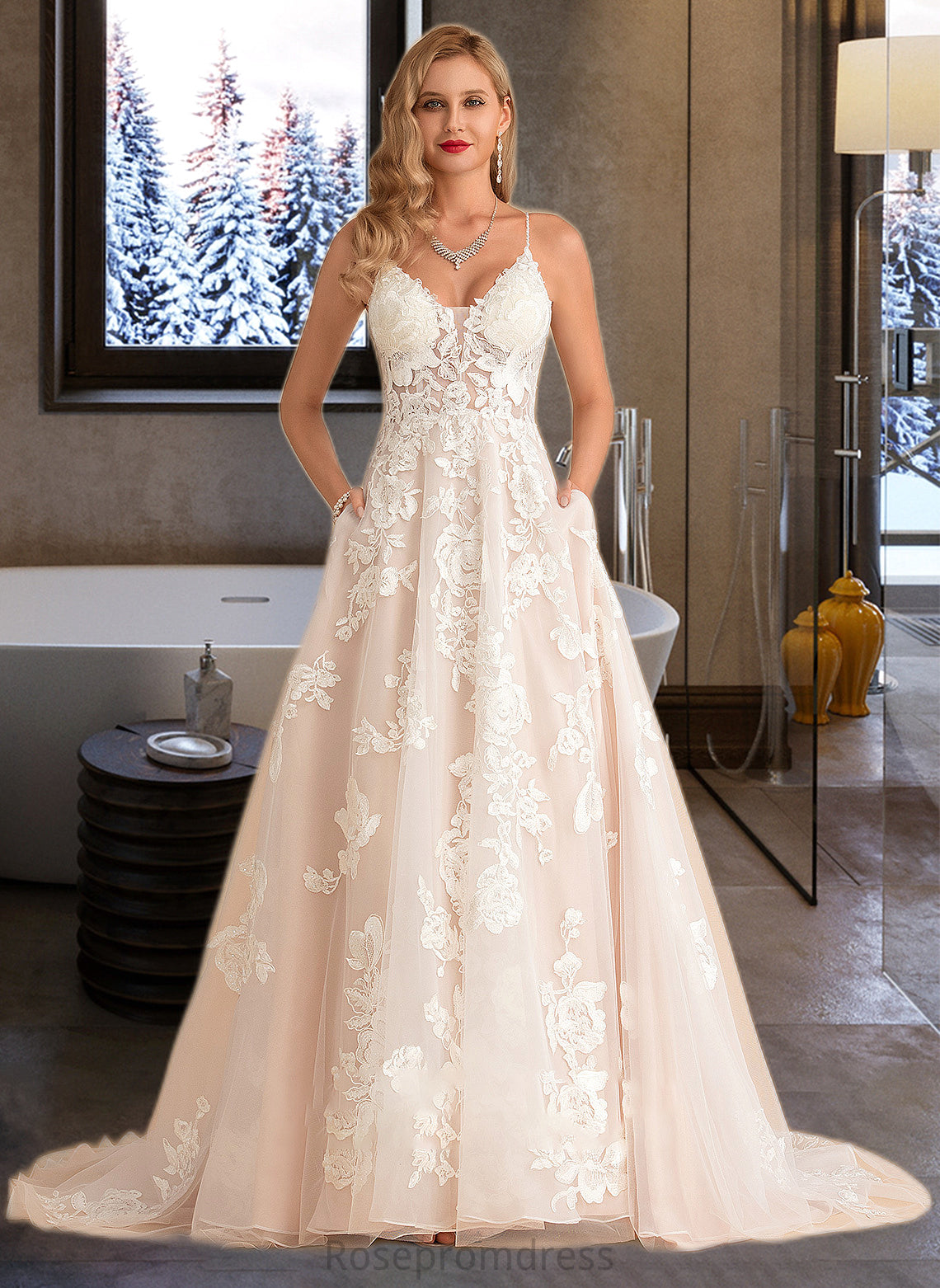 Mylee Ball-Gown/Princess V-neck Court Train Tulle Lace Wedding Dress With Beading Pockets SRSP0013679