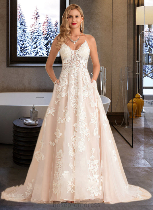 Mylee Ball-Gown/Princess V-neck Court Train Tulle Lace Wedding Dress With Beading Pockets SRSP0013679