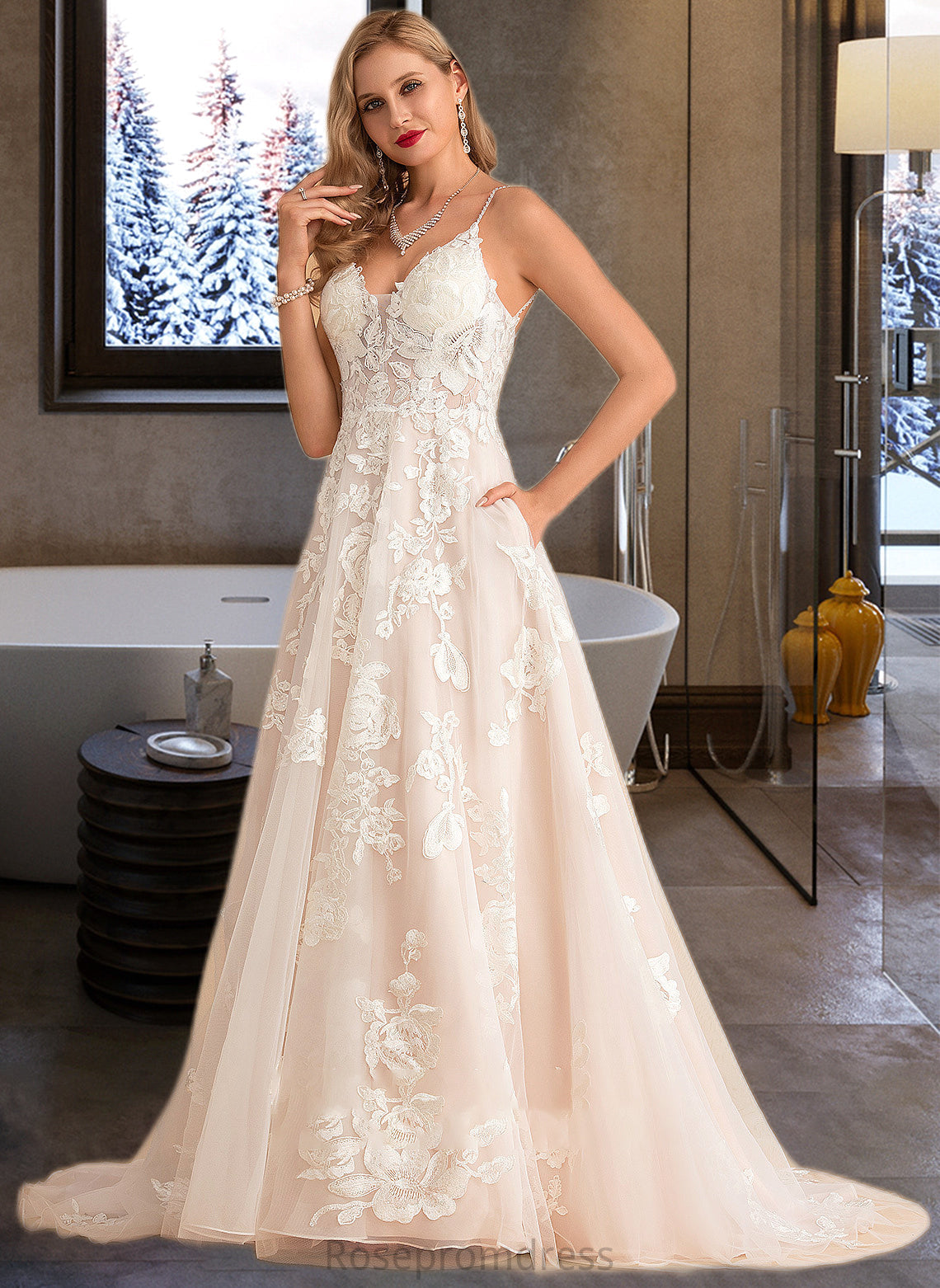 Mylee Ball-Gown/Princess V-neck Court Train Tulle Lace Wedding Dress With Beading Pockets SRSP0013679