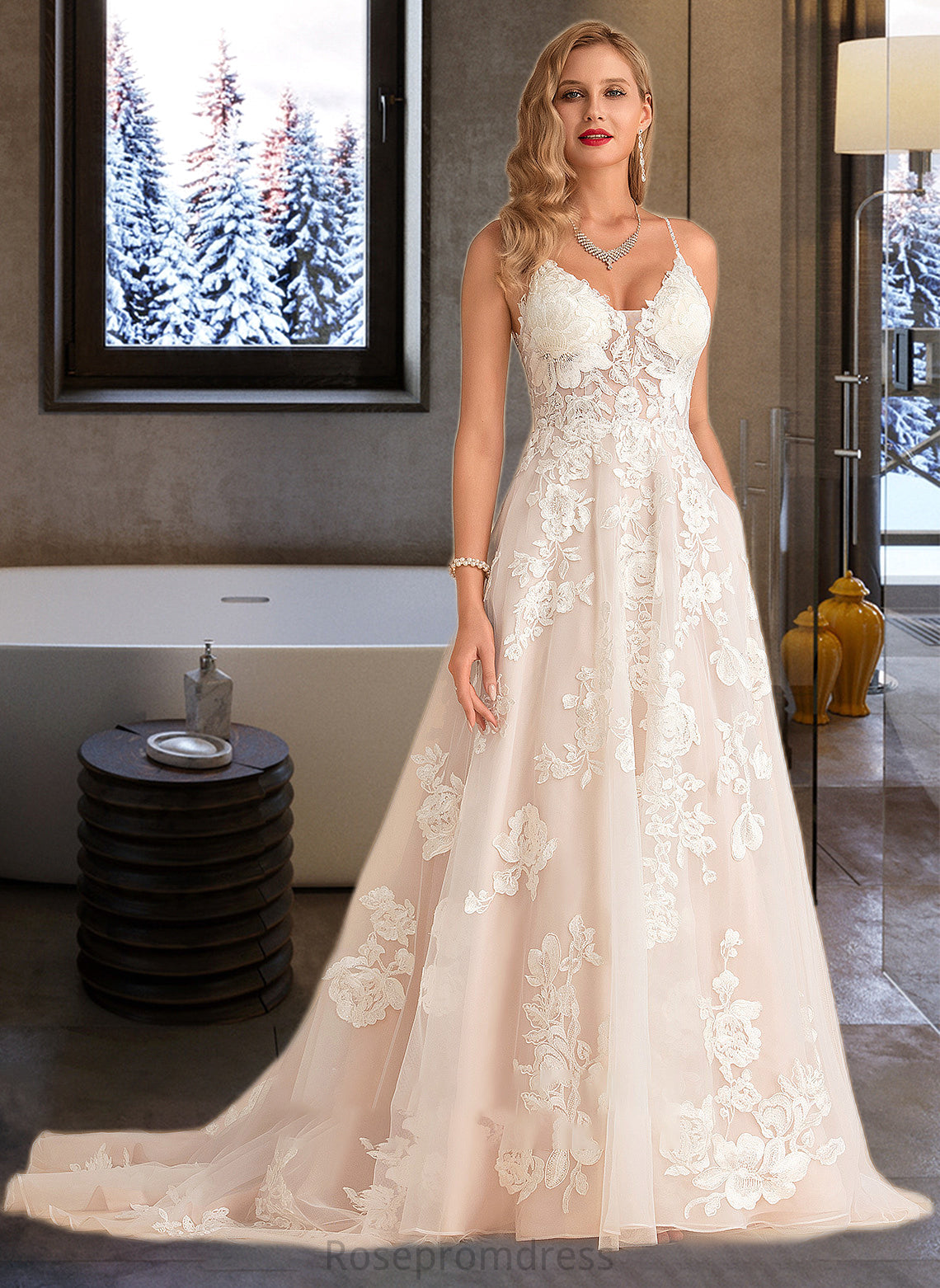 Mylee Ball-Gown/Princess V-neck Court Train Tulle Lace Wedding Dress With Beading Pockets SRSP0013679