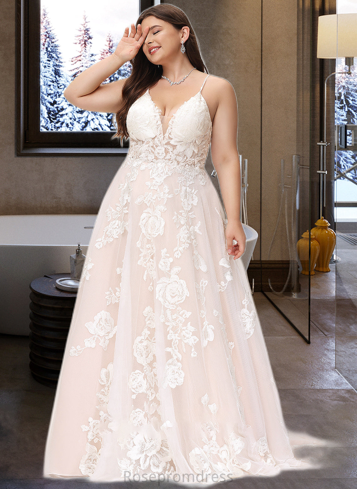 Mylee Ball-Gown/Princess V-neck Court Train Tulle Lace Wedding Dress With Beading Pockets SRSP0013679