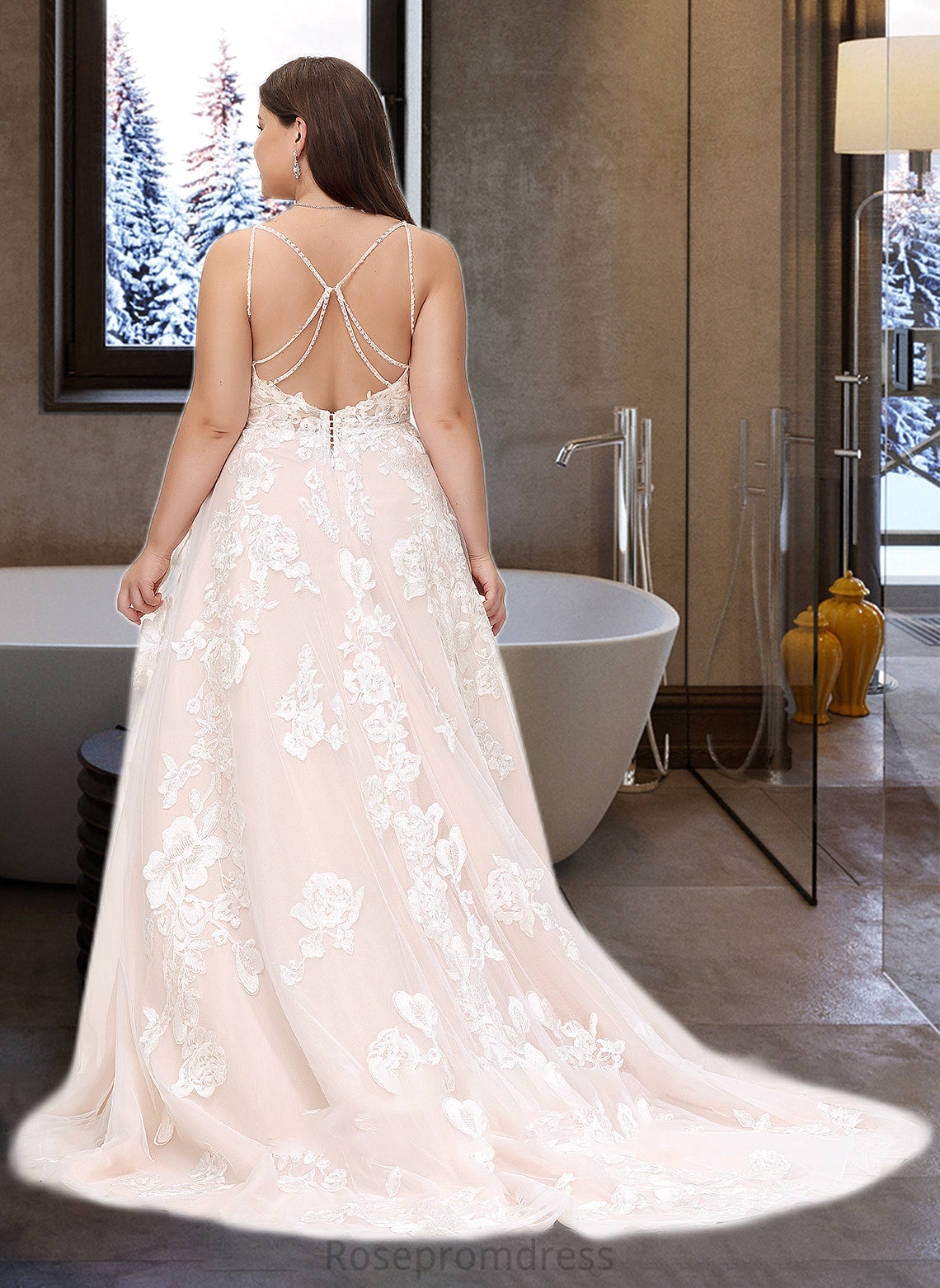 Mylee Ball-Gown/Princess V-neck Court Train Tulle Lace Wedding Dress With Beading Pockets SRSP0013679