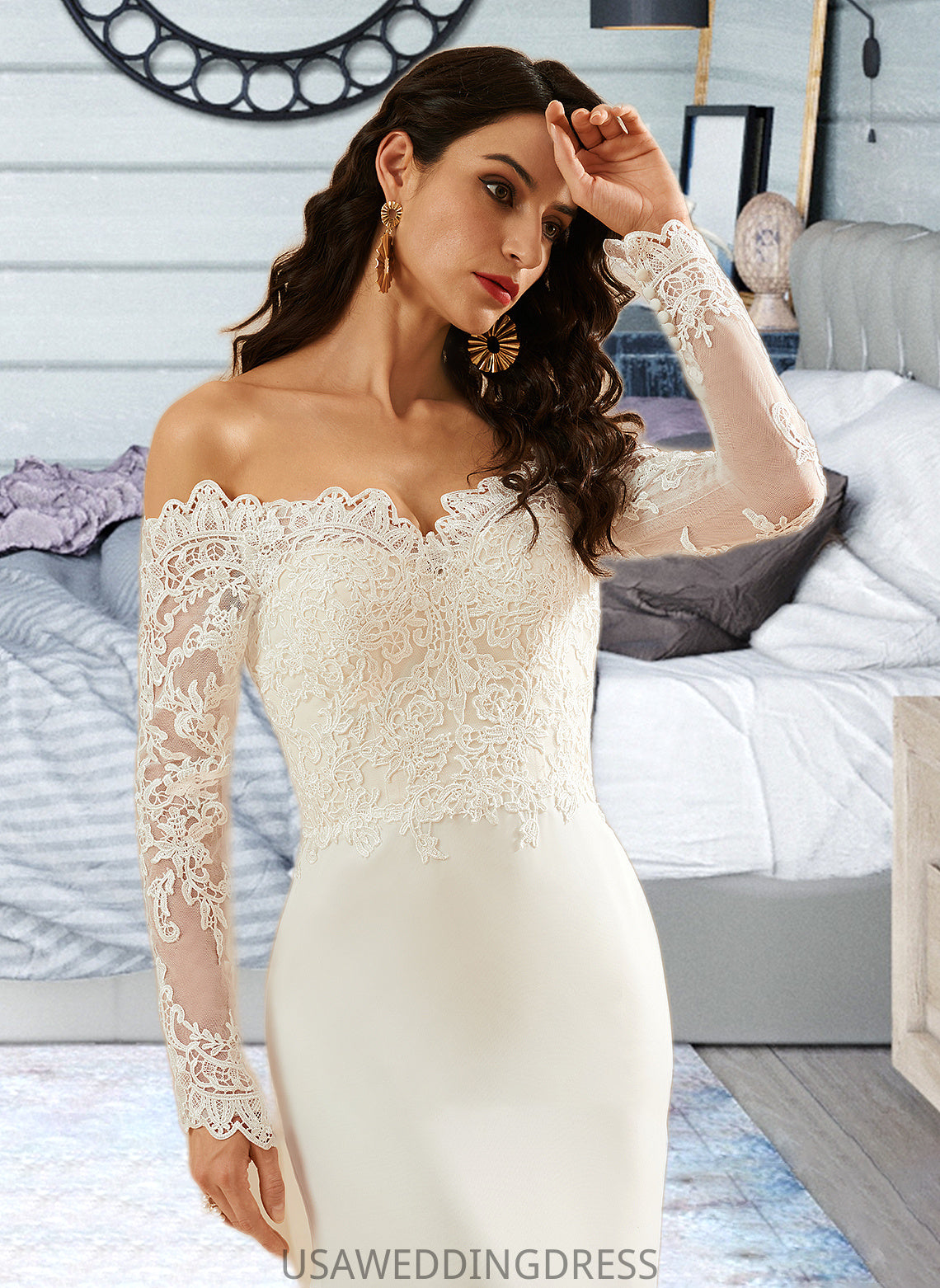 Angelique Trumpet/Mermaid Off-the-Shoulder Court Train Wedding Dress With Lace DSP0013680