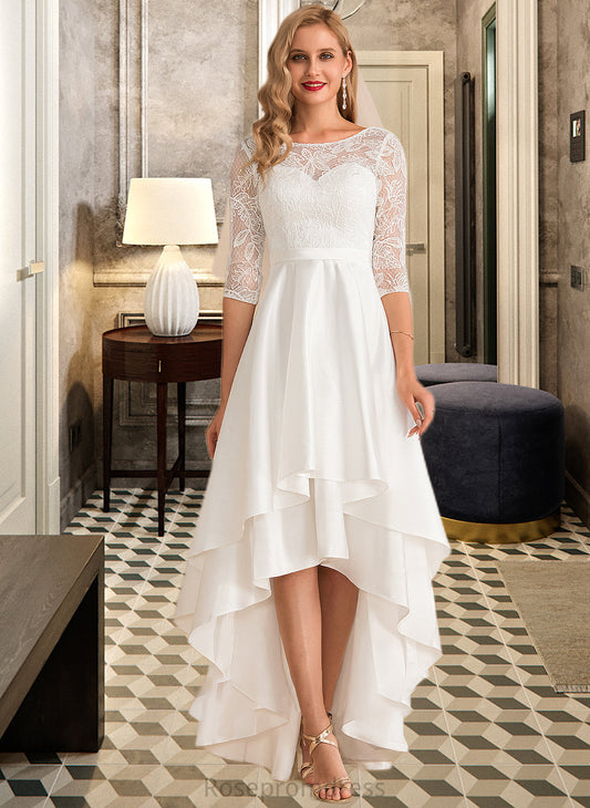 Kristen A-Line Scoop Neck Asymmetrical Satin Lace Wedding Dress SRSP0013684