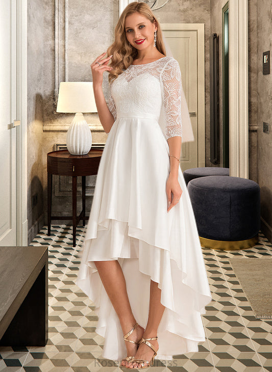 Kristen A-Line Scoop Neck Asymmetrical Satin Lace Wedding Dress SRSP0013684